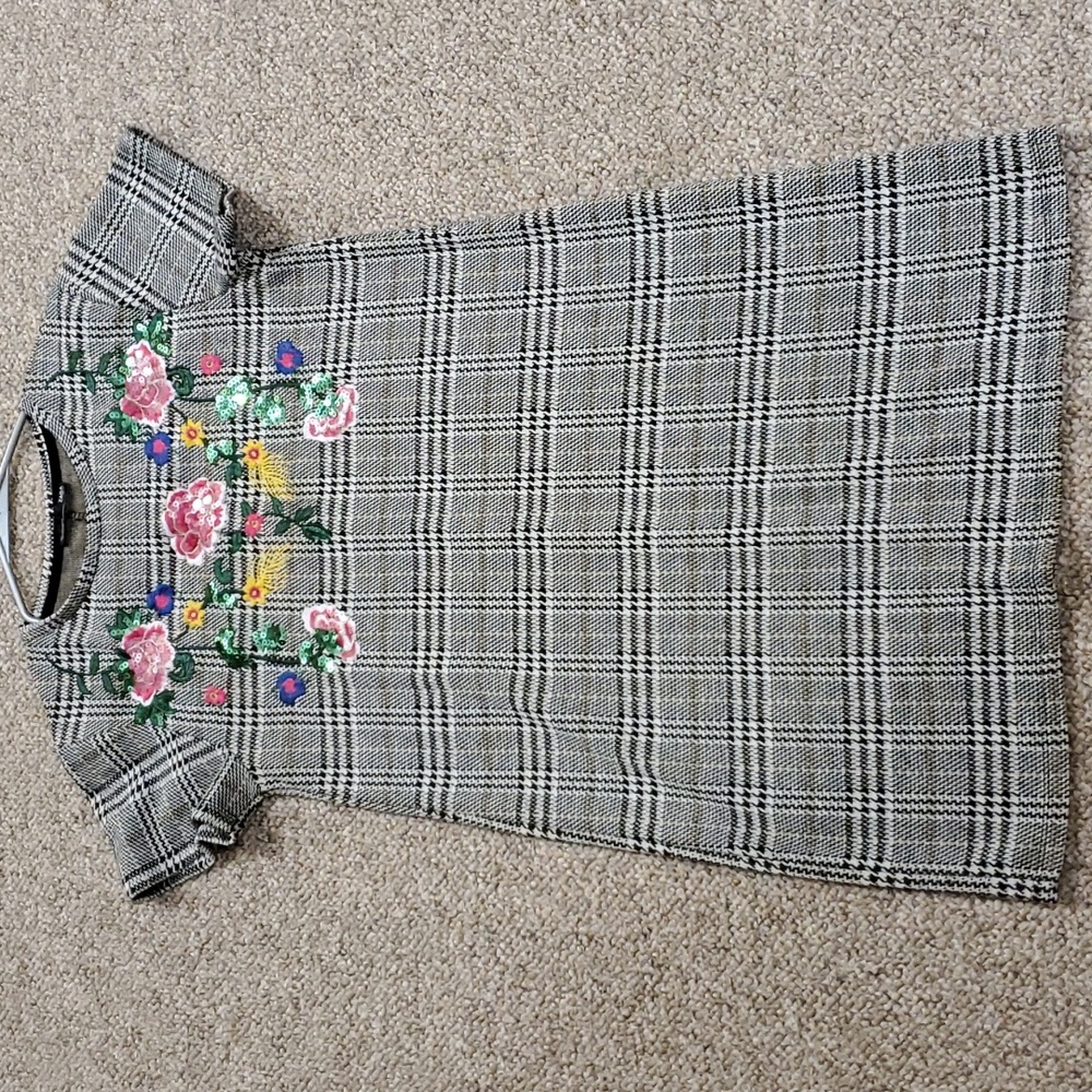 Zara Houndstooth Sequin Floral Embroidered Mini Dress Size Small